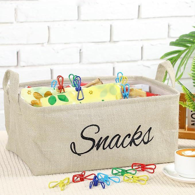 Newtay 17 Pcs Snack Basket Sets, Snack Storage Bin for Pantry Shelves with 16 Pcs 2 Inch Chip Clips, Basket Organizer for Kitchen, Chips, Popcorn, Candy, Pretzels (Cream-colored,Burlap)