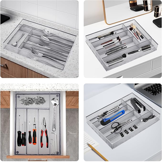 Silverware Drawer Organizer, 5 Compartment Cutlery Tray with Non-Slip Feet