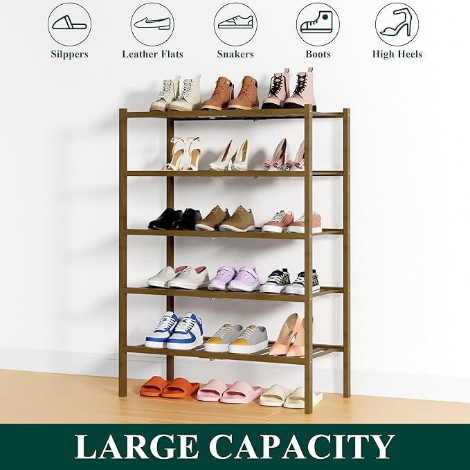 Smiry Bamboo Shoe Rack, 5 Tier Free Standing Wooden Shoe Organizer, Stackable Wood Shoe Storage Shelf for Closet, Entryway, 14 Vertical Slats, 2+2+1 Stack Heavy-Duty Legs, 26.8"x11"x32.5", Walnut