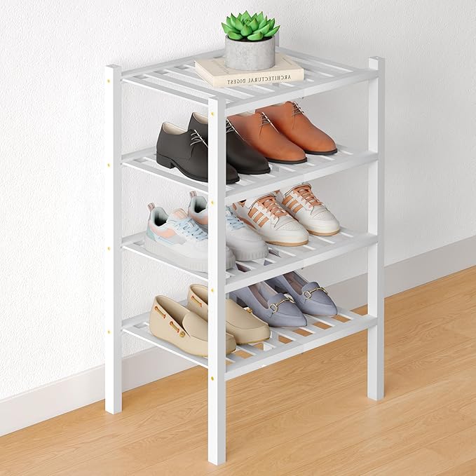 Smiry Bamboo Shoe Rack for Closet, 4 Tier Small Wooden Shoe Organizer, Stackable Wood Shoe Storage Shelf for Entryway, 14 Vertical Slats, 2+2 Stack Heavy-Duty Legs, 17.32"x11.02"x25.98", White
