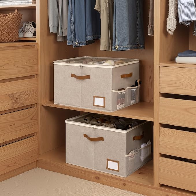 StorageWorks Shoe Organizer for Closet, 2 Pack Shoe Storage Boxes with Clear Lid, Stackable Shoe Storage Organizer for Sandals and Slippers, Fabric Shoe Bins for Closet, Holds 16–32 Pairs, Taupe