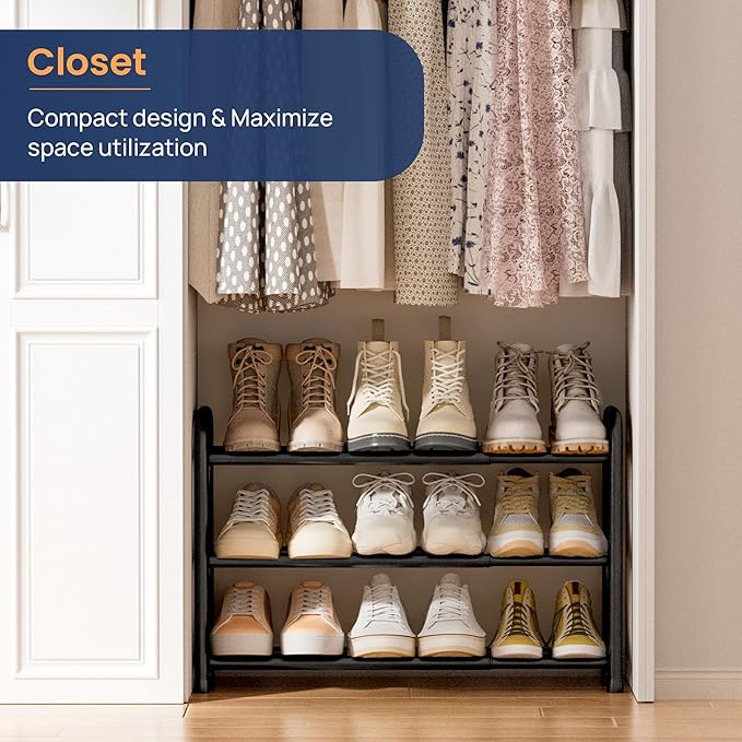 ENJOYBASICS 3 Tier Expandable Shoe Rack for Closet, Free Standing Metal Shoe Shelf Storage Organizer Holder 12 Pairs, Adjustable Width Shoe Rack for Entryway Small Space, Black | Adjustable
