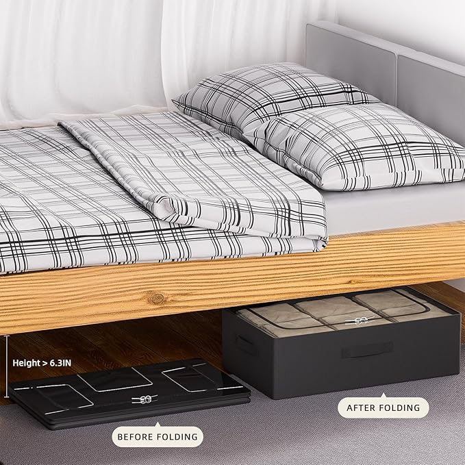 CYhom 3Pcs Under Bed Storage Bins with Metal Frame - Shoe Organizer for Closet with Clear Cover Oxford Fabric Sturdy Underbed Container Foldable Stackable Clothes Organizer (Black, 23.5x11.8x6.3)
