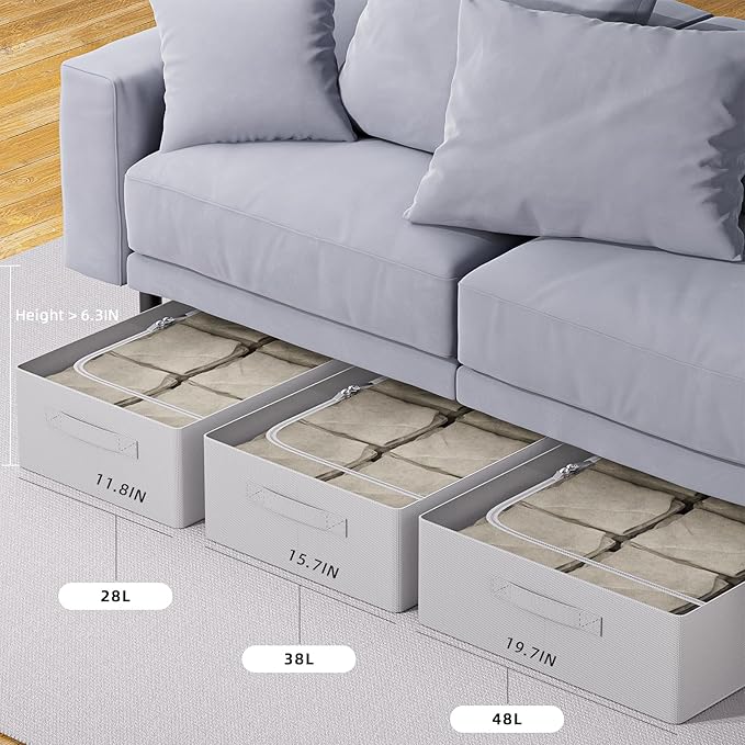 CYhom 3Pcs Under Bed Storage Bins with Metal Frame - Shoe Organizer for Closet with Clear Cover Oxford Fabric Sturdy Underbed Container Foldable Stackable Clothes Organizer (Grey, 23.5x19.7x6.3)