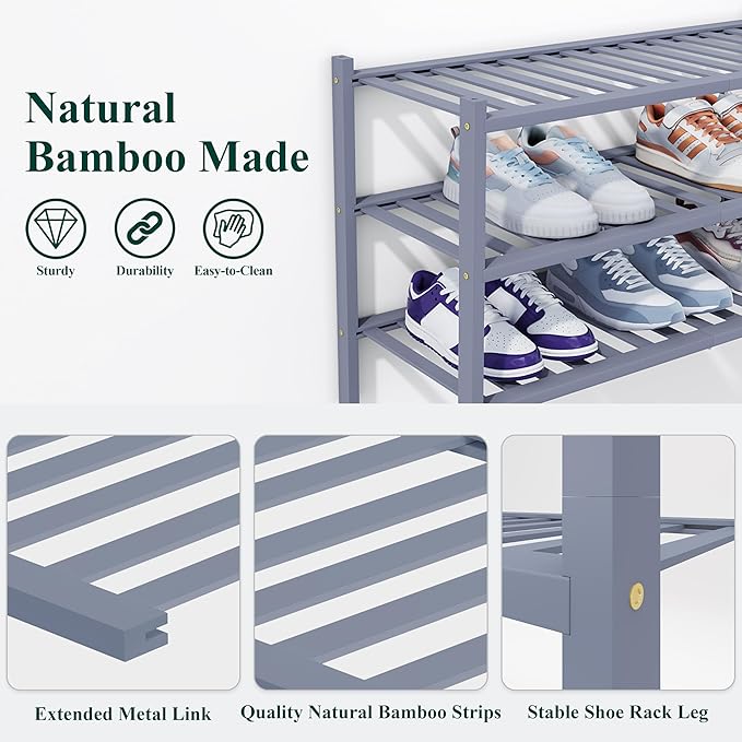 Smiry Bamboo Shoe Rack, 4 Tier Free Standing Wooden Shoe Organizer, Stackable Wood Shoe Storage Shelf for Closet, Entryway, 14 Vertical Slats, 2+2 Stack Heavy-Duty Legs, 26.8"x11"x26", Grey