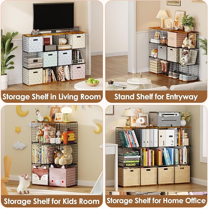 6-Cube Tall Closet Organizer Storage Wire Basket Shelf with Wood Top for Wardrobe Bedroom Closet Systeem, Stackable Sturdy Space-saving Clothing Shelves for Clothes, Sweaters, Pants, Handbags, Shoes