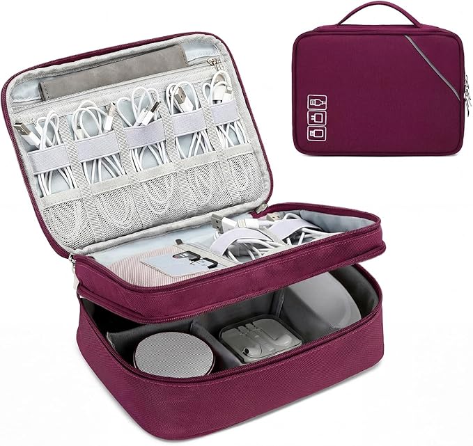 Lanola Electronic Organizer Travel Double Layer Cable Organizer Bag,Accessory Bag for Hard Drives,Cables,USB,SD Card,Memory Cards,Flash Drive,etc. - Red