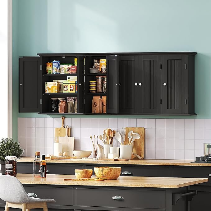 Bathroom Wall Cabinet with 3 Doors, Laundry Cabinet Wall Mounted, Black