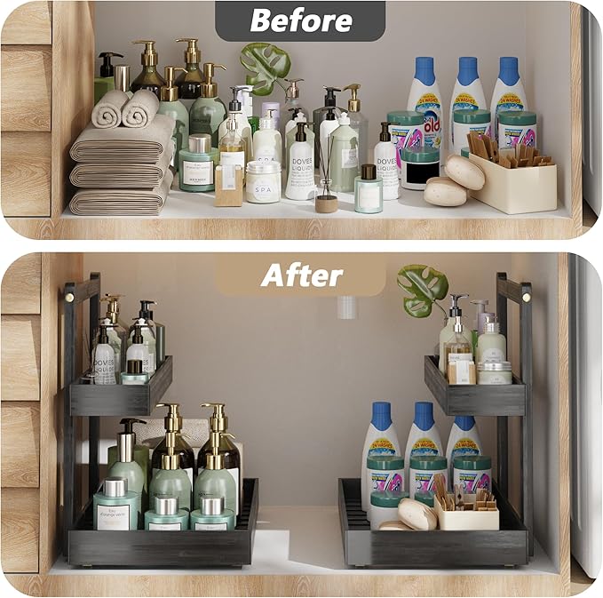 Bamboo Under Sink Storage 2 Tier Pull Out Cabinet Organizer Slide Out Under Sink Storage Shelf Undersink Organizers Shelves for Kitchen Bathroom Organization (Black, 1 Pack)