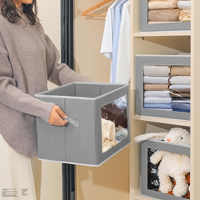 Homsorout Storage Bins with Lids, 4 Pack Large Storage Cubes with Window, Closet Bins with Lids & Handles, Fabric Box for Organizing Clothes, Towels, Books, Grey