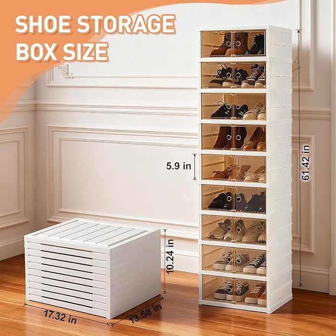 Foldable Shoe Rack Organizer Collapsible Shoe Storage Organizer with Doors, Large Plastic Folding Shoe Rack, Clear Stackable Shoe Boxes Easy Assembly Shoe Cabinet for Entryway (9 Tiers-18 Pairs)