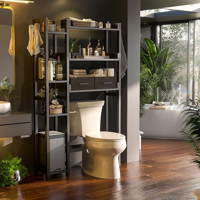 Besiost Over The Toilet Storage with 2 Drawers - 7 Tier Bathroom Organizer with Adjustable Shelf, Freestanding Space Saver Storage Rack Above Toilet Stand with 4 Hooks for Restroom, Laundry, Black