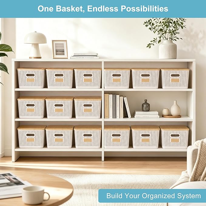 2 Pack Tall Plastic Storage Bins with Bamboo Lids, Cream White