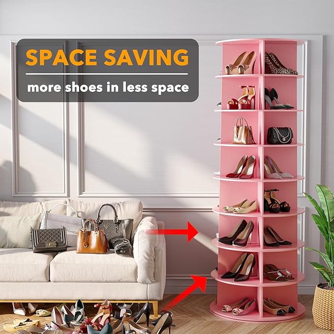 8 Tier Rotating Shoe Rack Tower, Spinning Shoe Display Lazy Susan, 8-Tier Pink