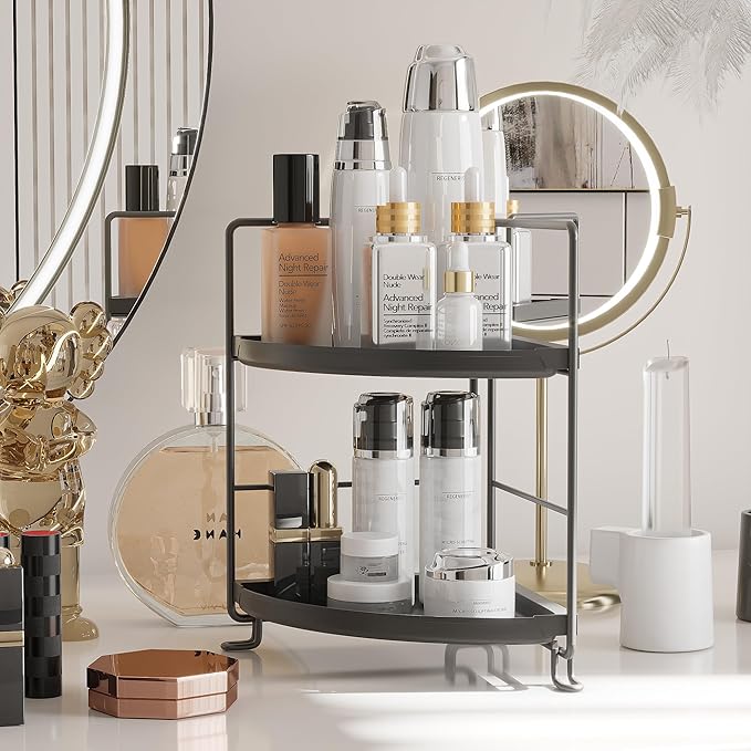 NLBTW 2 Tier Corner Bathroom Countertop Organizer, Tool-Less Installation Vanity Tray for Skincare Makeup Perfume Organizer, Small Plastics Counter Bathroom Storage and Organization (Black)