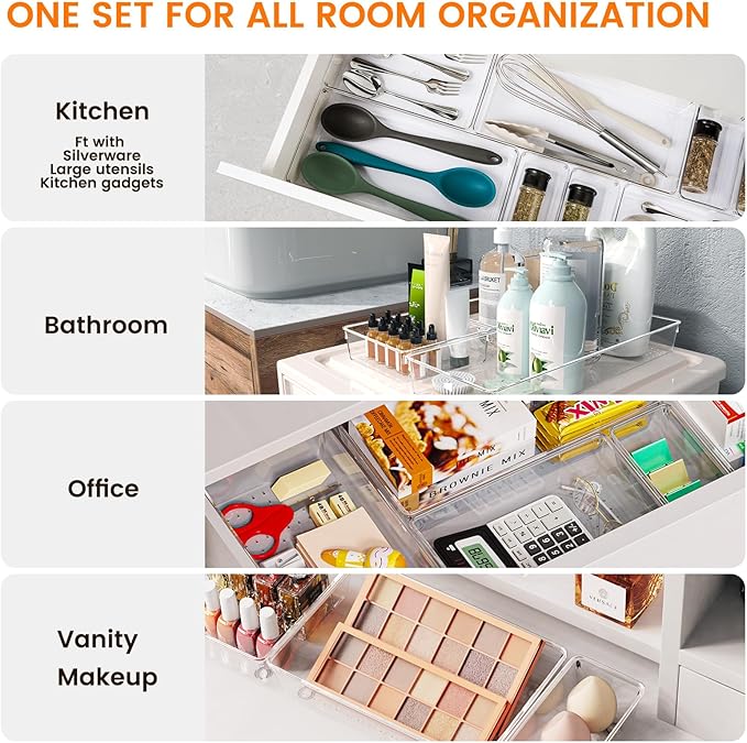 16 Pack Large Clear Plastic Drawer Organizer Bins