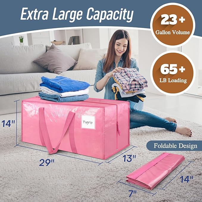 6 Pack Extra Heavy Duty Large Moving Bags with Strong Zipper & Comfortable, Pink