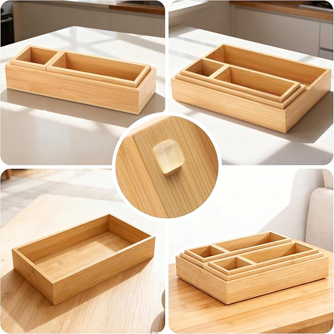Bamboo Drawer Organizer Set, 14 PCS Multi-Use Individual Wood Storage Organizers