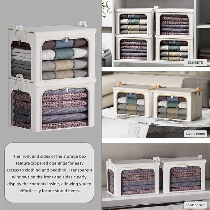4 Pack Clothes Storage Bins with Metal Frame - 66L Stackable Storage Box with Lid，Foldable Storage Container Organizer for Clothes，Linen Fabric Storage Box with Clear Window＆Zippers＆Handles