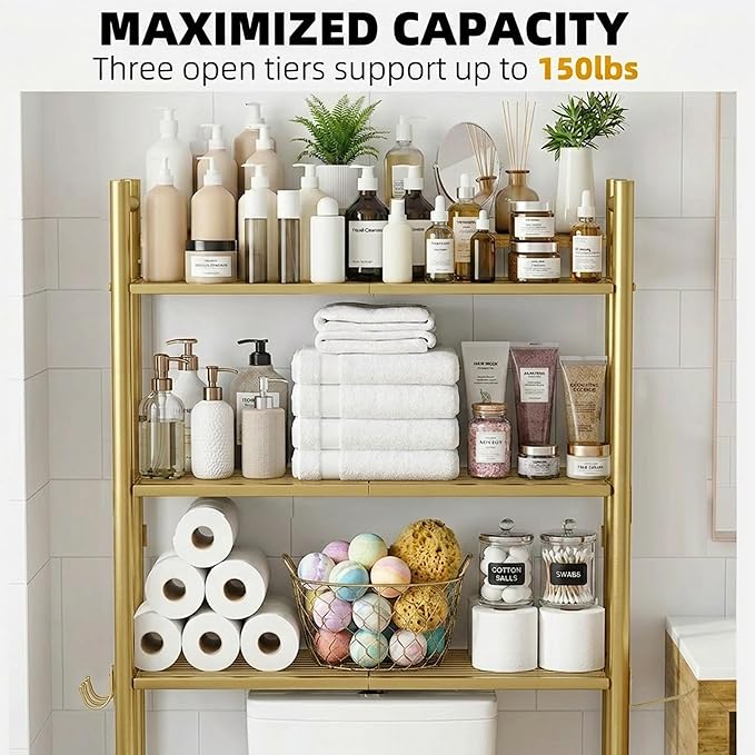 GloTika 3-Tier Over Toilet Storage with Anti-Tilt Safety System - 150lb Total Capacity Metal Bathroom Shelves Including Paper Holder & 4 Hooks, Space Saving Above Commode Organizer (64" H, Gold)