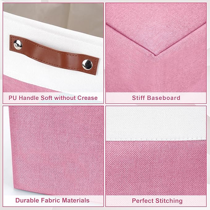 Bagnizer Storage Bins Large Fabric Storage Baskets for Shelves 3 Pack, Decorative Linen Closet Baskets with Handles for Organizing, Shelf, Clothes, Home, Office, 15x11x9.5Inches (Pink&White)