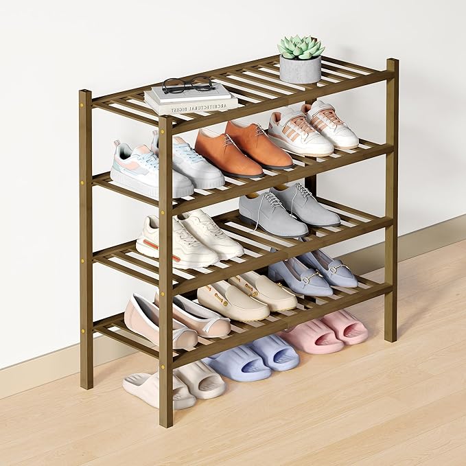 Smiry Bamboo Shoe Rack for Closet, 4 Tier Wooden Shoe Organizer, Stackable Wood Shoe Storage Shelf for Entryway, 14 Vertical Slats, 2+2 Stack Heavy-Duty Legs, 26.77"x11.02"x25.98", Walnut