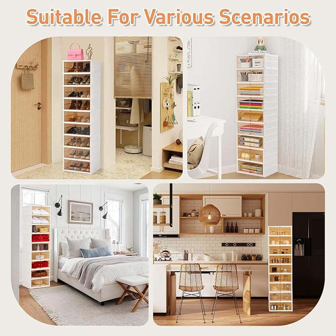 Foldable Shoe Rack Organizer Collapsible Shoe Storage Organizer with Doors, Large Plastic Folding Shoe Rack, Clear Stackable Shoe Boxes Easy Assembly Shoe Cabinet for Entryway (9 Tiers-18 Pairs)