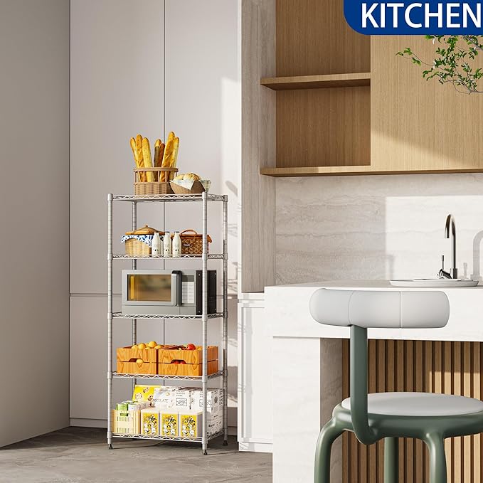 REGILLER 5-Wire Shelving Metal Storage Rack Adjustable Shelves,Standing Storage Shelf Units for Laundry Bathroom Kitchen Pantry Closet(Silver,11.8" D x 21.2" W x 53.5" H)