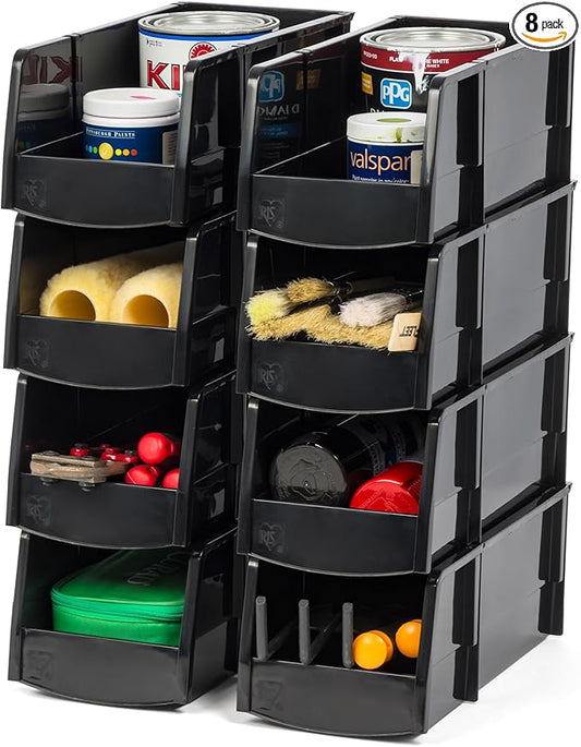 USA Large Stackable Storage Bins, 8-Pack, 13"L x 6"W x 5"H, Made in USA