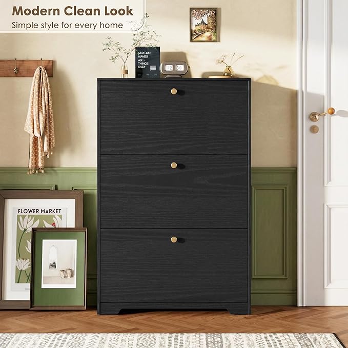 Nicetree Shoe Cabinet with 3 Flip Drawers, Narrow Shoe Organizer Cabinet, Freestanding Shoe Rack Cabinet, Modern Shoe Storage Cabinet for Entryway, Hallway, Foyer, Black