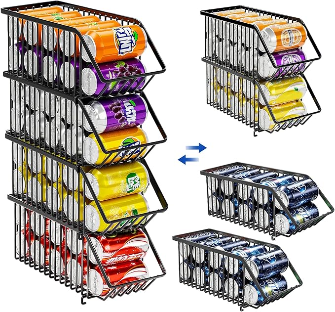 Stackable Soda Can Organizer Rack, Stacking Can Dispensers Refrigerator Organizer Bins Pop Soda Dispenser Canned For Fridge, Freezer, Kitchen, Cabinets (Black, 6)