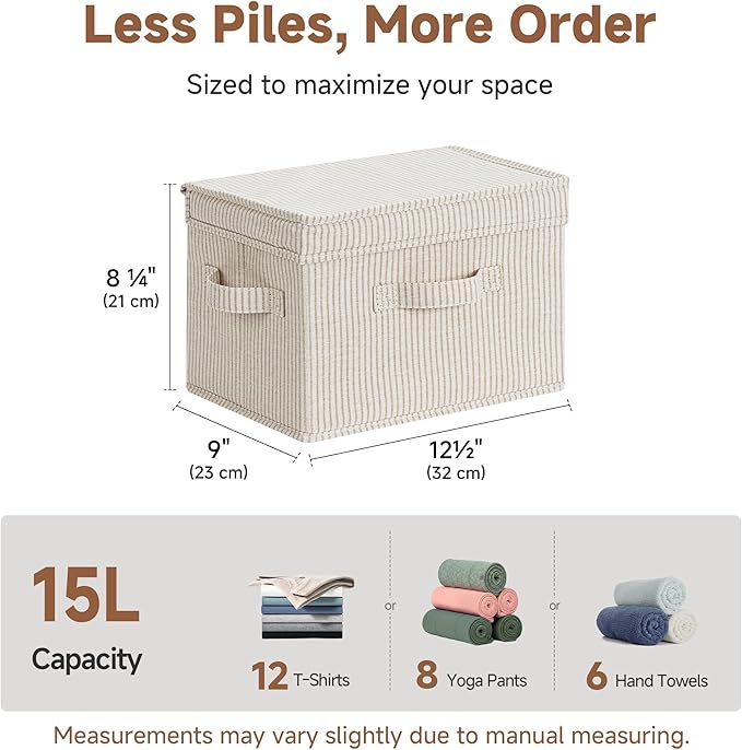 StorageWorks Fabric Storage Bins with Lid, Decorative Storage Boxes for Shelves, Stackable Closet Organizer Basket with Handles, Medium, Khaki and Beige Stripes, 2-Pack