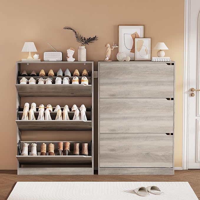 Shoe Storage Cabinet, Wood Shoe Organizer for Entryway with 3 Flip Drawers, Freestanding Shoe Rack with Adjustable Shelf, Narrow Shoe Dresser for Front Door Entrance(Grey, 47.2" x 31.5" x 9.25")