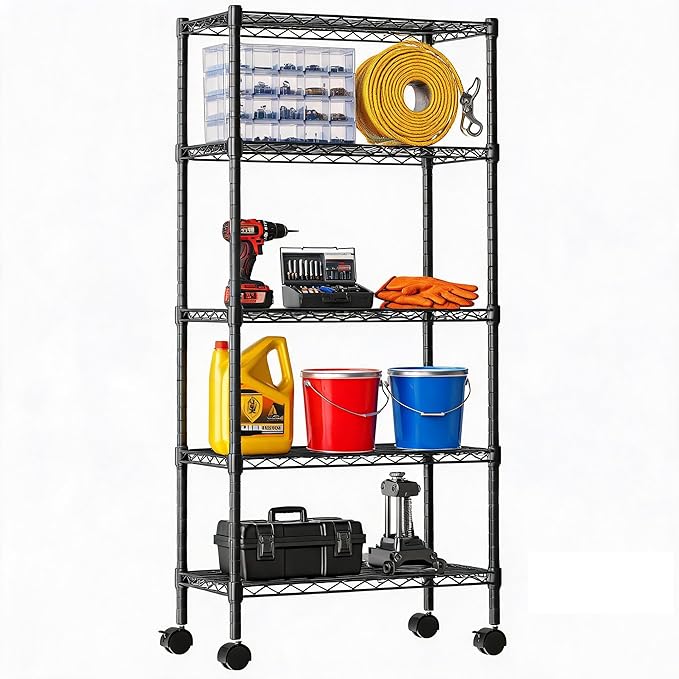 DUMOS 5-Tier Metal Wire Storage Shelves, Adjustable Standing Storage Rack Shelf with Wheels, Heavy Duty Steel Shelving Unit Organizers for Kitchen Bathroom Pantry Garage, 23.2"W×13.4"D×59.1"H, Black