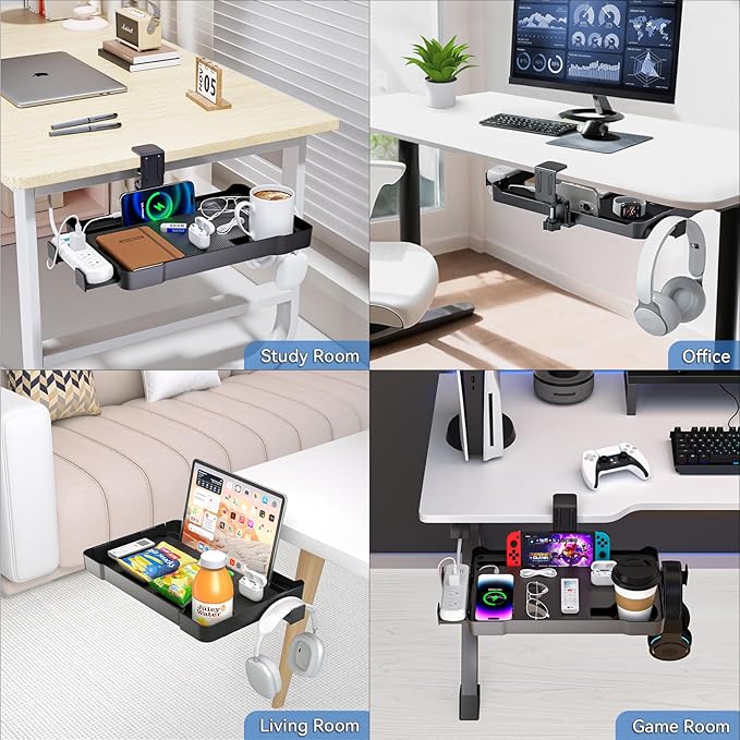 Under Desk Organizer, 360° Rotating Clamp-On Tray with Headphone Hook