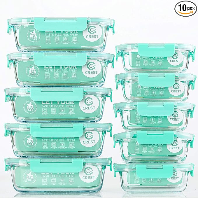 C CREST [10-Pack] Glass Food Storage Containers with Lids, Airtight, BPA Free