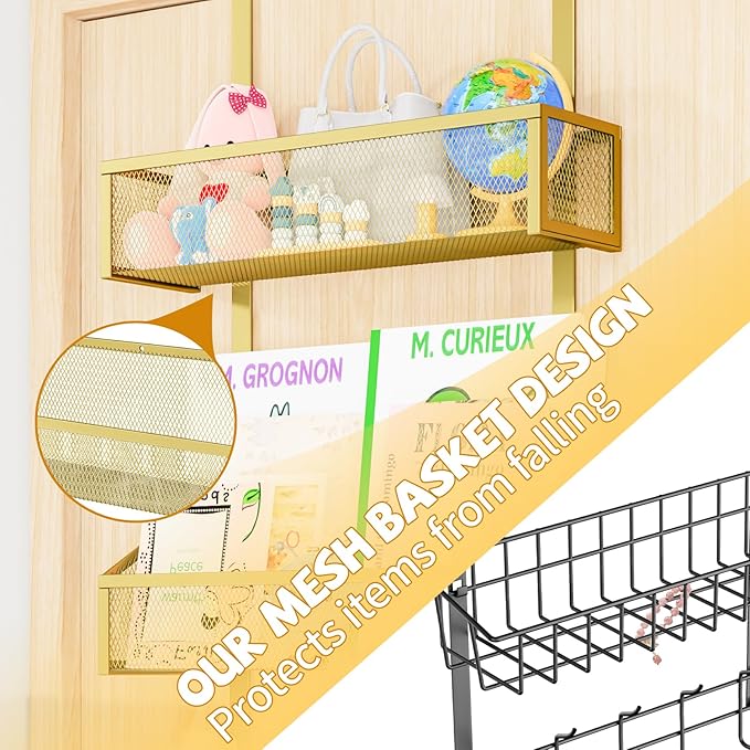 Kaiferty Over The Door Hooks Organizer, Coat Rack Over The Door Storage Hanger Towel Rack, Back of Door Storage Organizer for Bathroom,Bedroom,Kitchen,Office (Gold, 3-Tier)