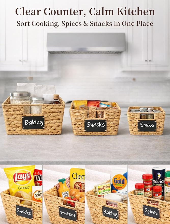 Pantry Organizers and Storage, Water Hyacinth Storage Baskets for Shelves, Natural Baskets for Organizing, Pantry Baskets with Chalkboard Labels and Marker