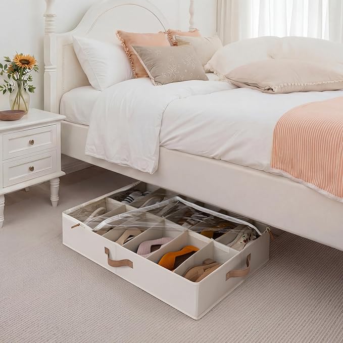 StorageWorks Underbed Shoe Storage Organizer for Closet, 2-Pack Under Bed Shoe Organizer with Bottom Support and Adjustable Dividers, Fits up to 24 Pairs, Beige