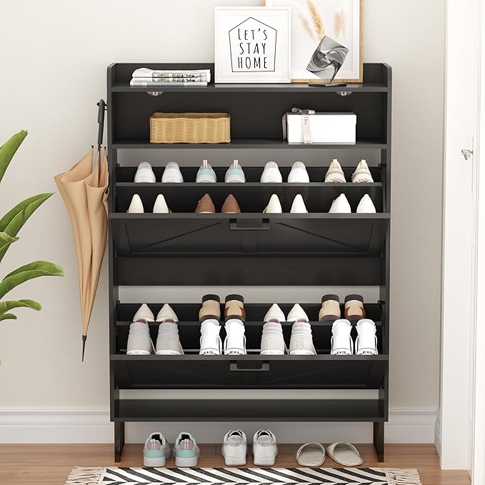 Shoe Cabinet with 2 Flip Drawers, Freestanding Hidden Shoe Storage Organizer for Entryway, Narrow Slim Shoe Rack Cabinet with Open Storage & Hooks for Front Door Entrance, Living Room, Hallway, Black