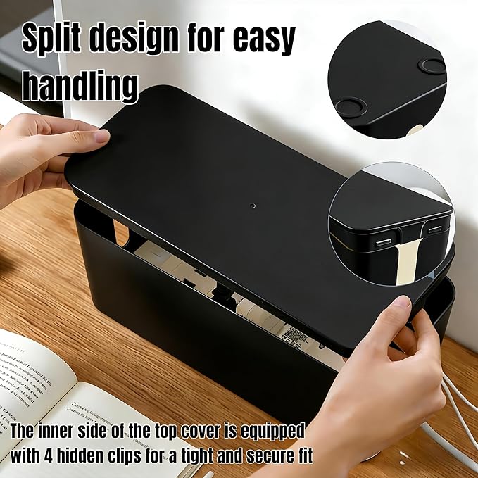 1Large+1Small Cable Organizer Set with 4 Silicone Cable Ties, 2-Piece Cable Management Box, Acrylic Lid Cord Organizer for Home Office,Set of Two Cable Box,Cable Organizer Box(Acryliclid lid/Black)