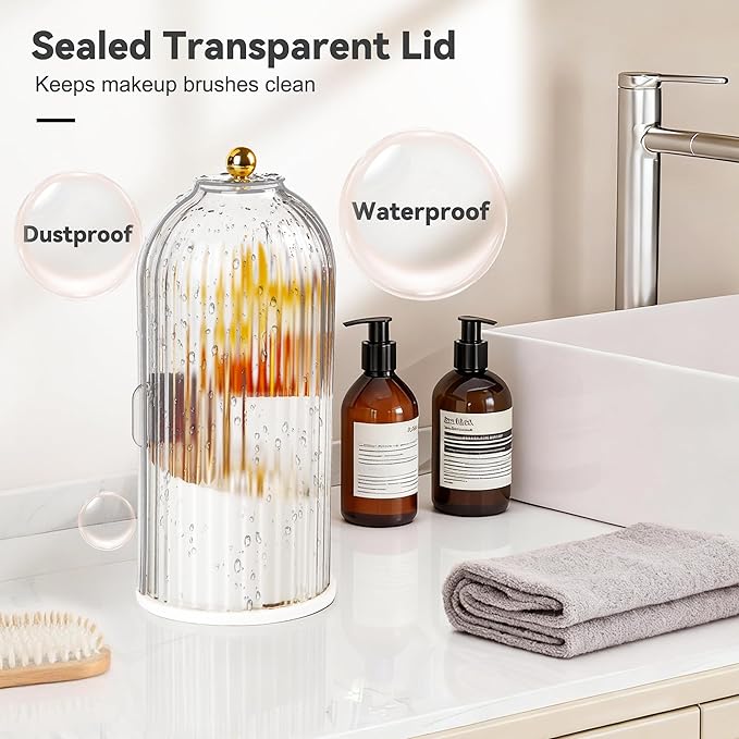360° Rotating Makeup Brush Holder with Lid, Transparent