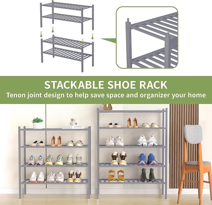 CRAFT 4 Tier Bamboo Shoe Rack for Closet Free Standing Wood Shoe Shelf, Grey
