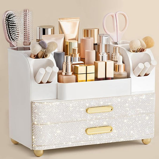 Makeup Organizer for Vanity with Brush Holder, Pearl All White