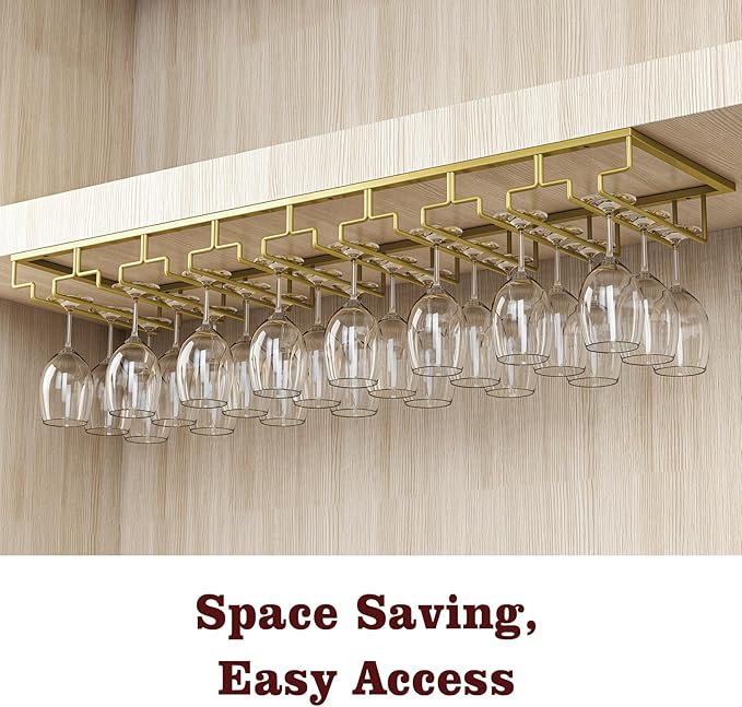 Nuovoware Wine Glass Rack - Under Cabinet Stemware Wine Glass Hanger Rack Holder for Bar Kitchen Cabinet, 8 Rows - Deep Gold