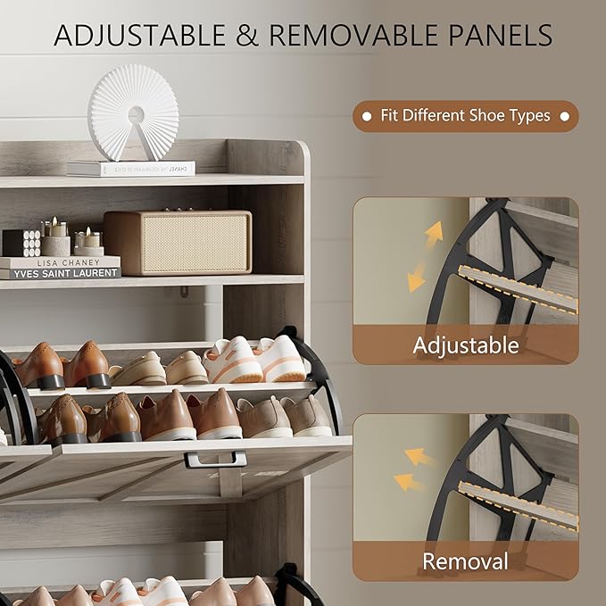 Shoe Cabinet with 4 Flip Drawers, Freestanding Hidden Shoe Storage Organizer for Entryway, Narrow Slim Shoe Rack Cabinet with Open Storage & Hooks for Front Door Entrance, Living Room, Hallway, Grey