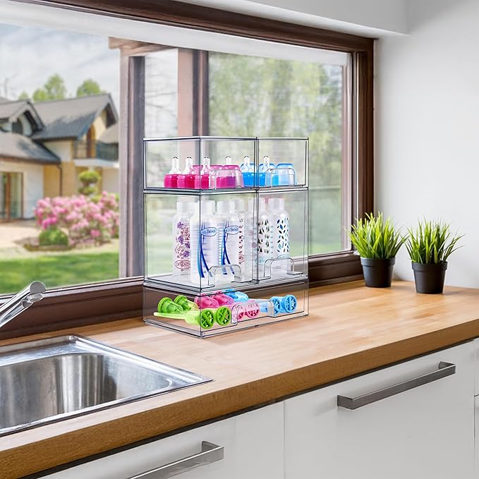 Sorbus Stackable Acrylic Storage Drawers – 2 Small + 1 Wide – 3 Pack Clear Plastic Organizer Bins for Baby Bottles, Makeup, Bathroom & Vanity, Pull-Out Drawer Design for Kitchen Cabinets