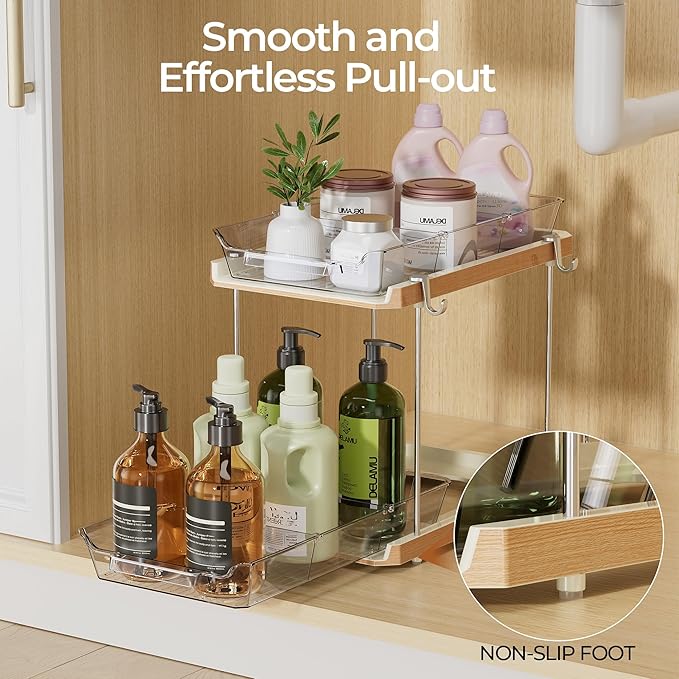 2 Tier Under Sink Organizer Bathroom, Wood Grain, 4 Pack