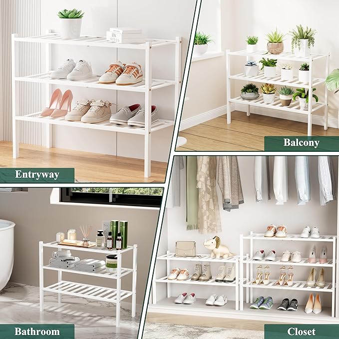 Smiry Long Bamboo Shoe Rack, 6 Tier Free Standing Wooden Shoe Organizer, Stackable Wood Shoe Storage Shelf for Closet, Entryway, 12 Vertical Slats, 2+2+2 Stack Standard Legs, 33.7"x11"x39", White
