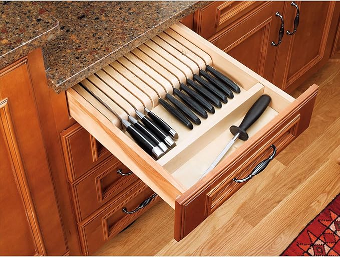 Rev-A-Shelf Trim To Fit Knife Block Drawer Organizer with Silverware Storage Holder for Kitchen Utensils, 19 Slot Cutlery Tray Insert, Wood, 4WKB-1